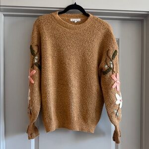 Sea New York Camel Crewneck Sweater with Embroidered Floral Sleeves